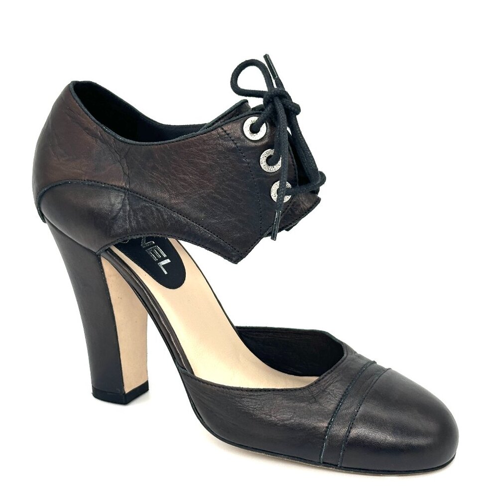 CHANEL 12C Cinema Lace Up Leather D'Orsay Pumps Sandals Shoes Heels Black - Picture 9 of 16
